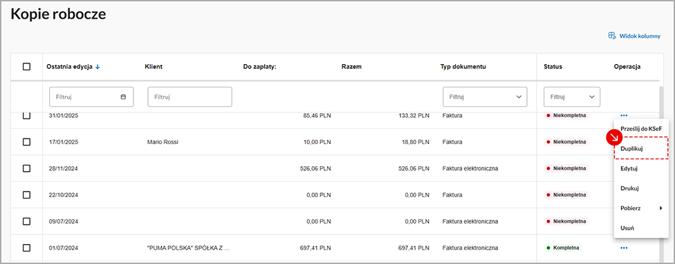 Ekran z tabelą wystawionych faktur